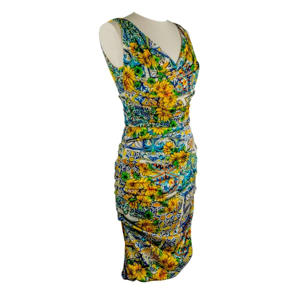 Dolce&Gabbana Dress Floral Majolica Print V-Neck
